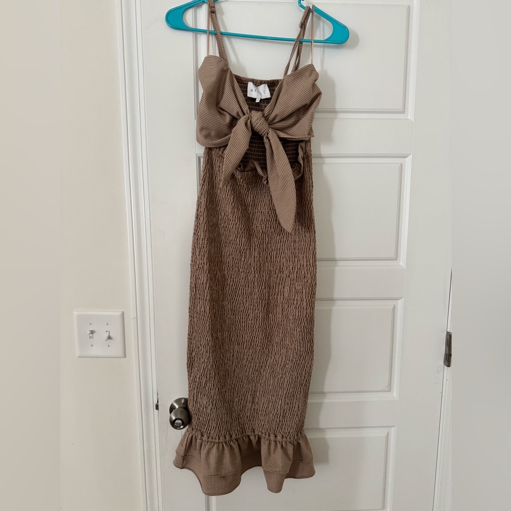 Mocha Gingham Print Smocked Fitted Self-Tie Maternity Midi Dress